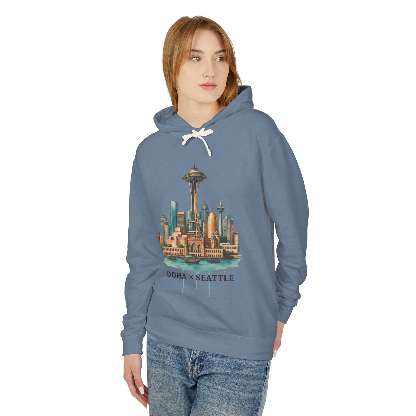 Doha x Seattle Skyline Hoodie — Retro Cityscape Pullover
