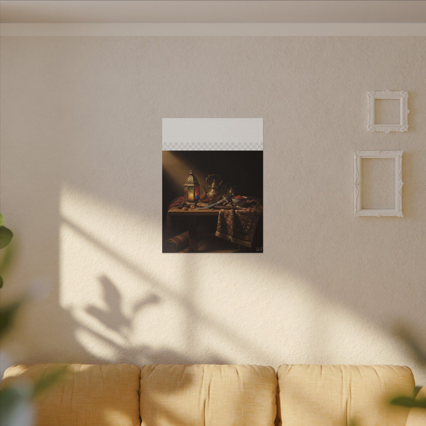 Oriental Still Life Canvas — Vintage Brass Teapot & Lantern Wall Art