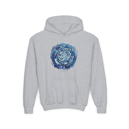 Youth Hoodie — Blue Geometric Mandala Graphic