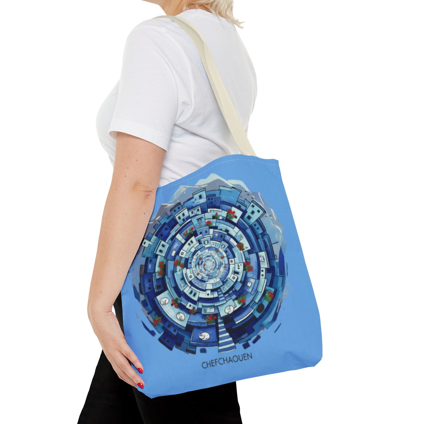 Blue Circular Cityscape Tote Bag — Abstract Urban Spiral All-Over Print Tote