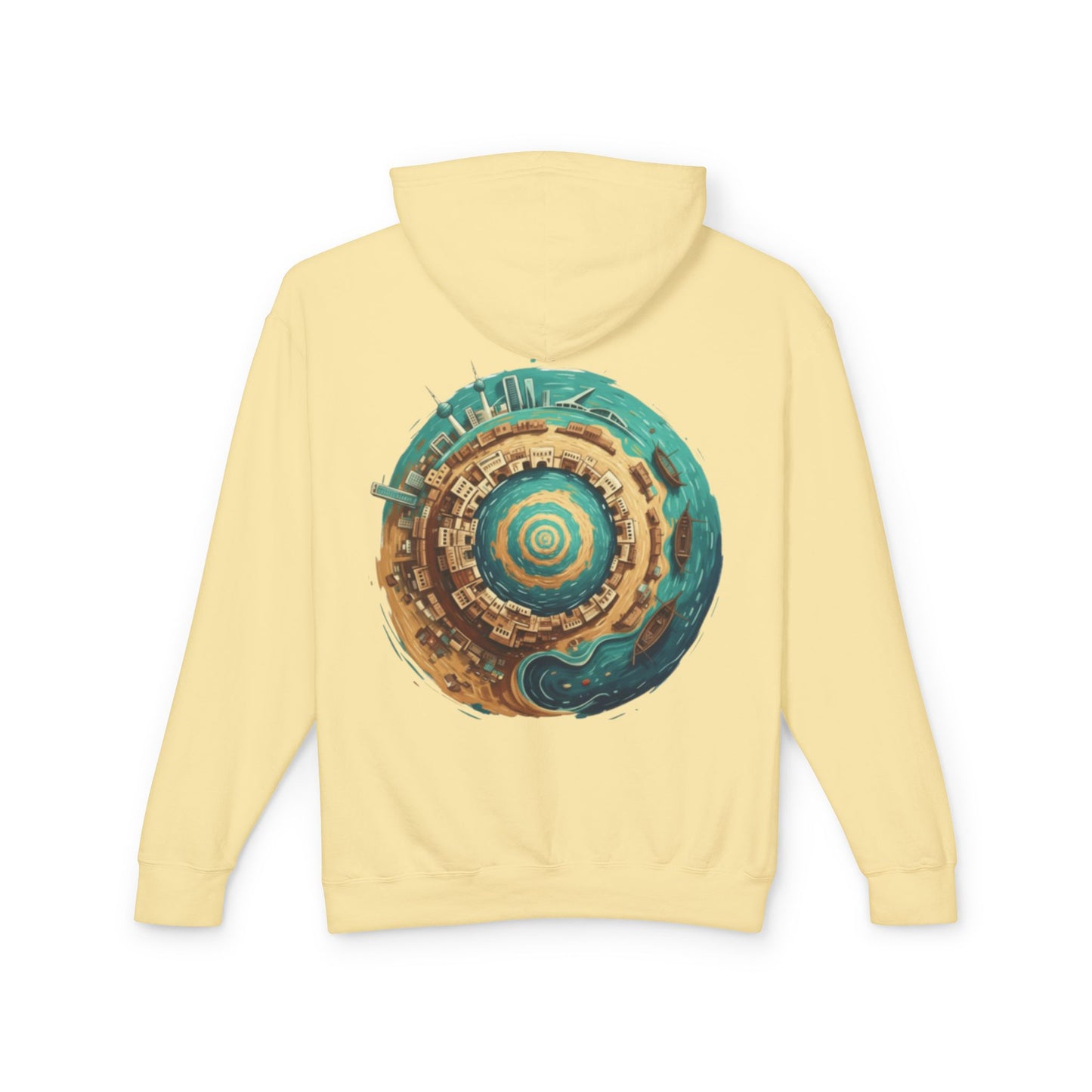 Planetary Beach Circle Hoodie — Coastal Mini-World Graphic Pullover