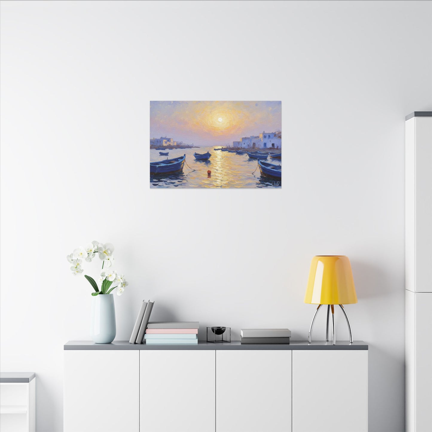 Seaside Sunset Canvas Print — Boats on Tranquil Harbor Wall Art