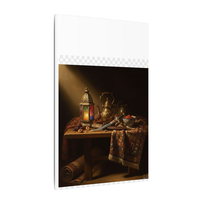 Oriental Still Life Canvas — Vintage Brass Teapot & Lantern Wall Art