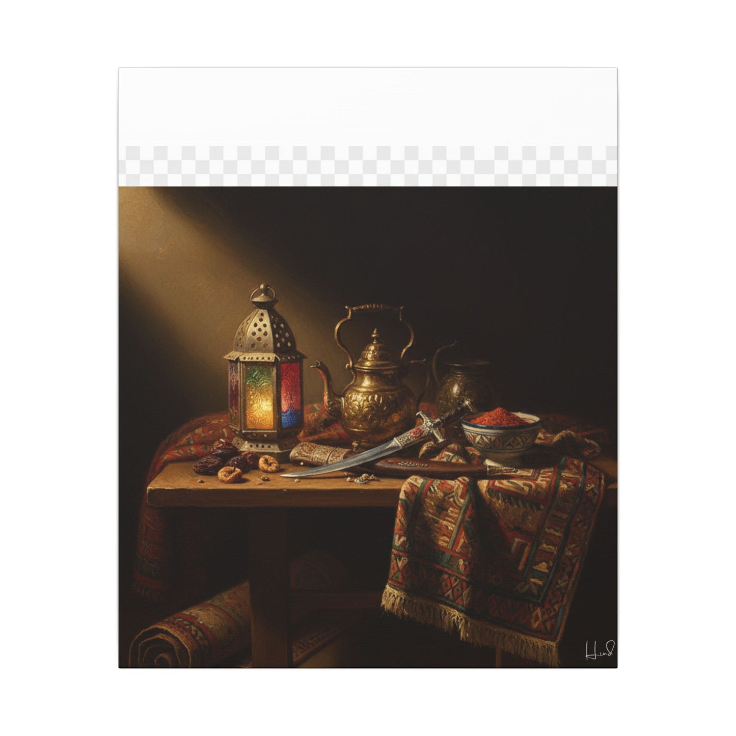 Oriental Still Life Canvas — Vintage Brass Teapot & Lantern Wall Art