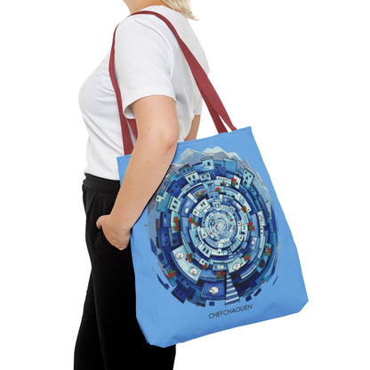 Blue Circular Cityscape Tote Bag — Abstract Urban Spiral All-Over Print Tote