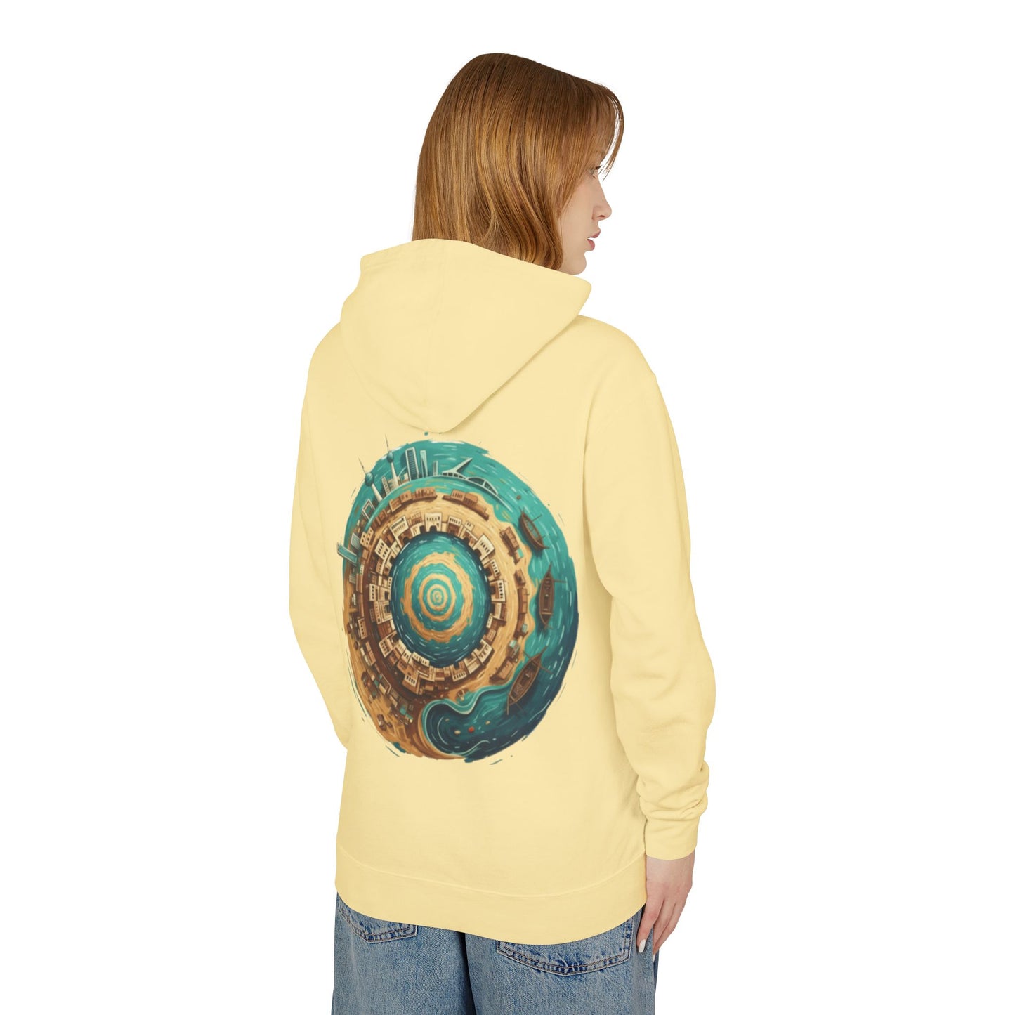 Planetary Beach Circle Hoodie — Coastal Mini-World Graphic Pullover