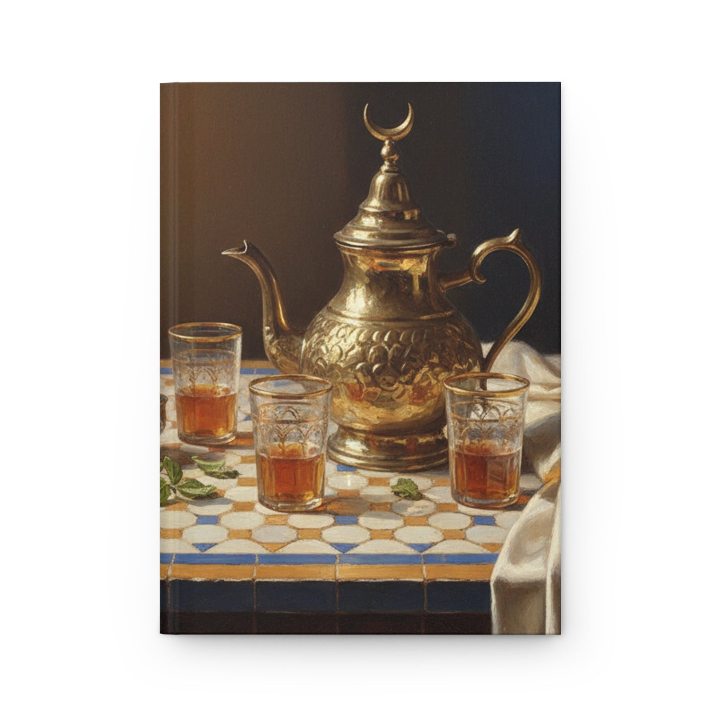 Moroccan Tea Set Hardcover Journal — Vintage Brass Teapot & Glasses Notebook
