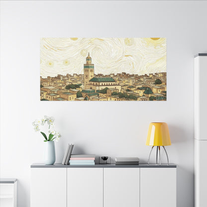 Moroccan Cityscape Canvas Print — Starry Night-Inspired Mosque Wall Art