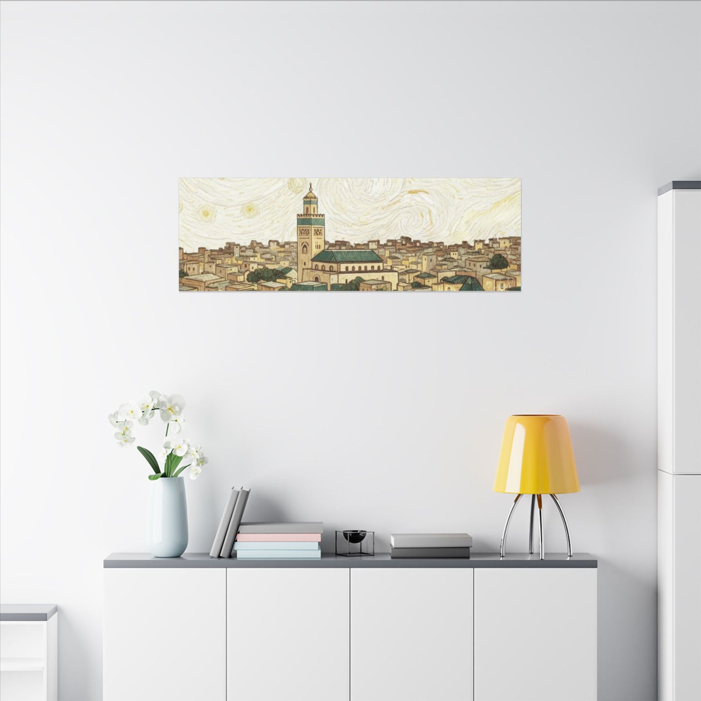 Moroccan Cityscape Canvas Print — Starry Night-Inspired Mosque Wall Art