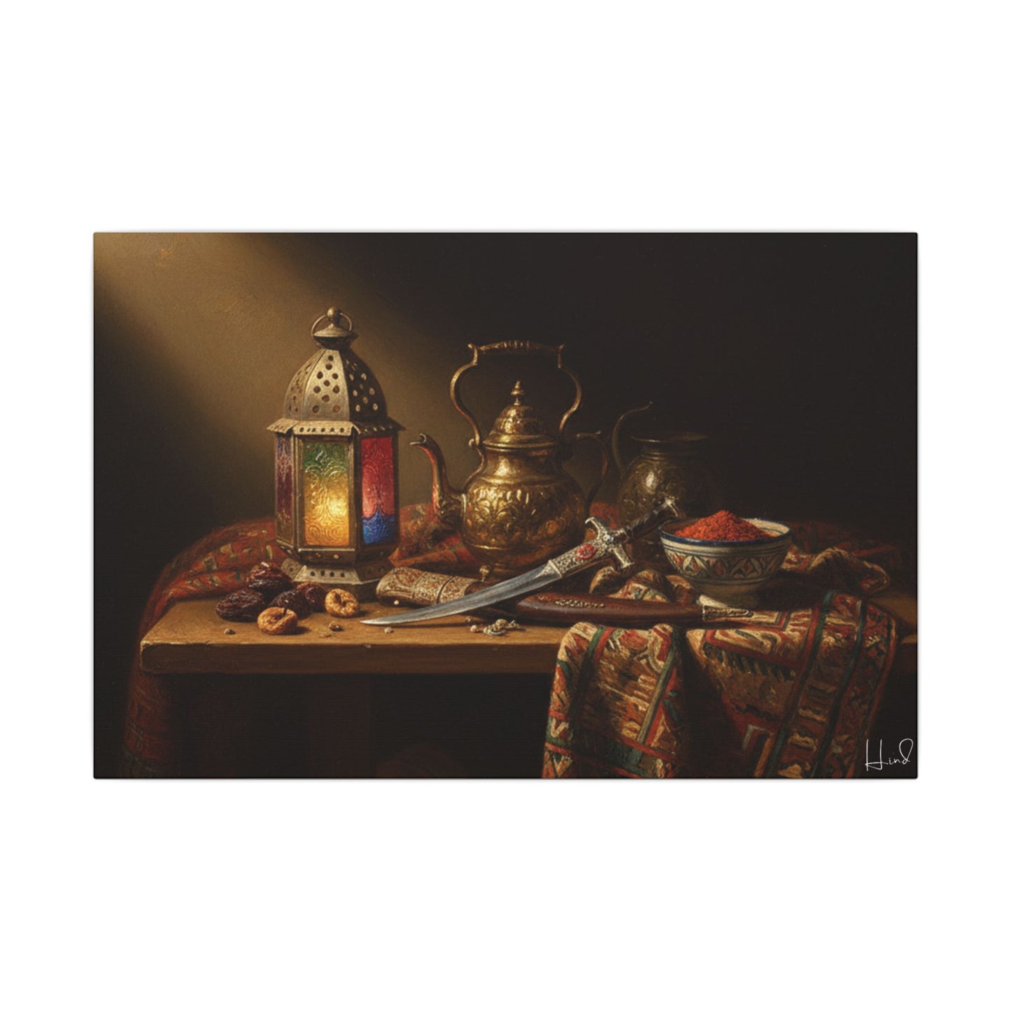 Oriental Still Life Canvas — Vintage Brass Teapot & Lantern Wall Art