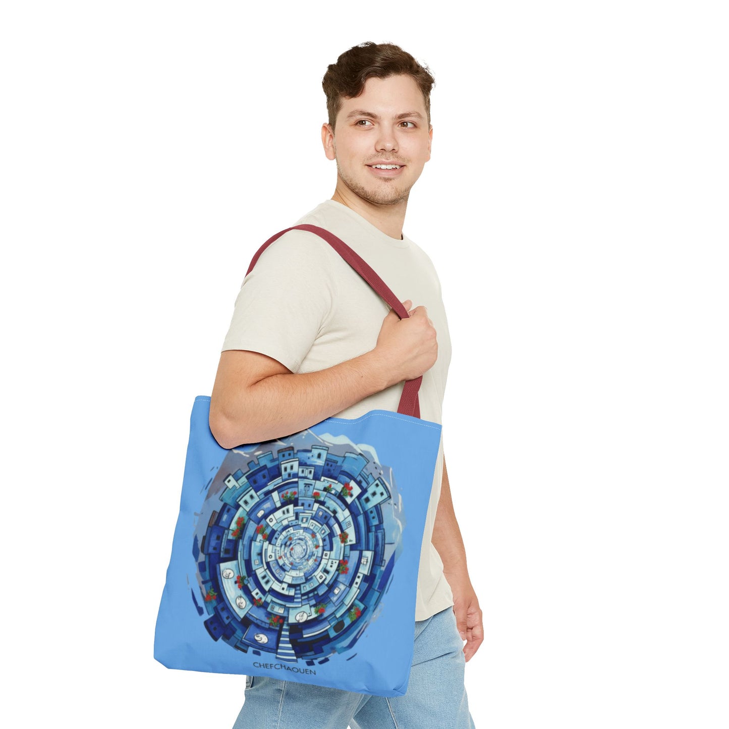 Blue Circular Cityscape Tote Bag — Abstract Urban Spiral All-Over Print Tote