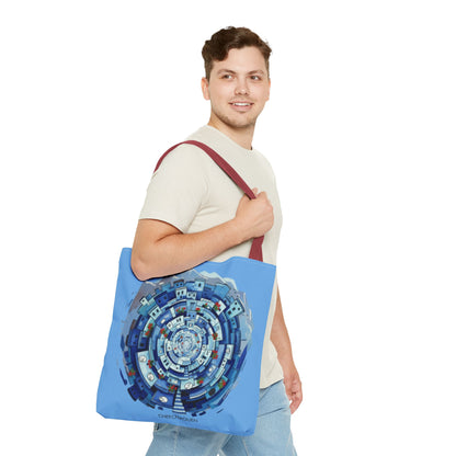 Blue Circular Cityscape Tote Bag — Abstract Urban Spiral All-Over Print Tote