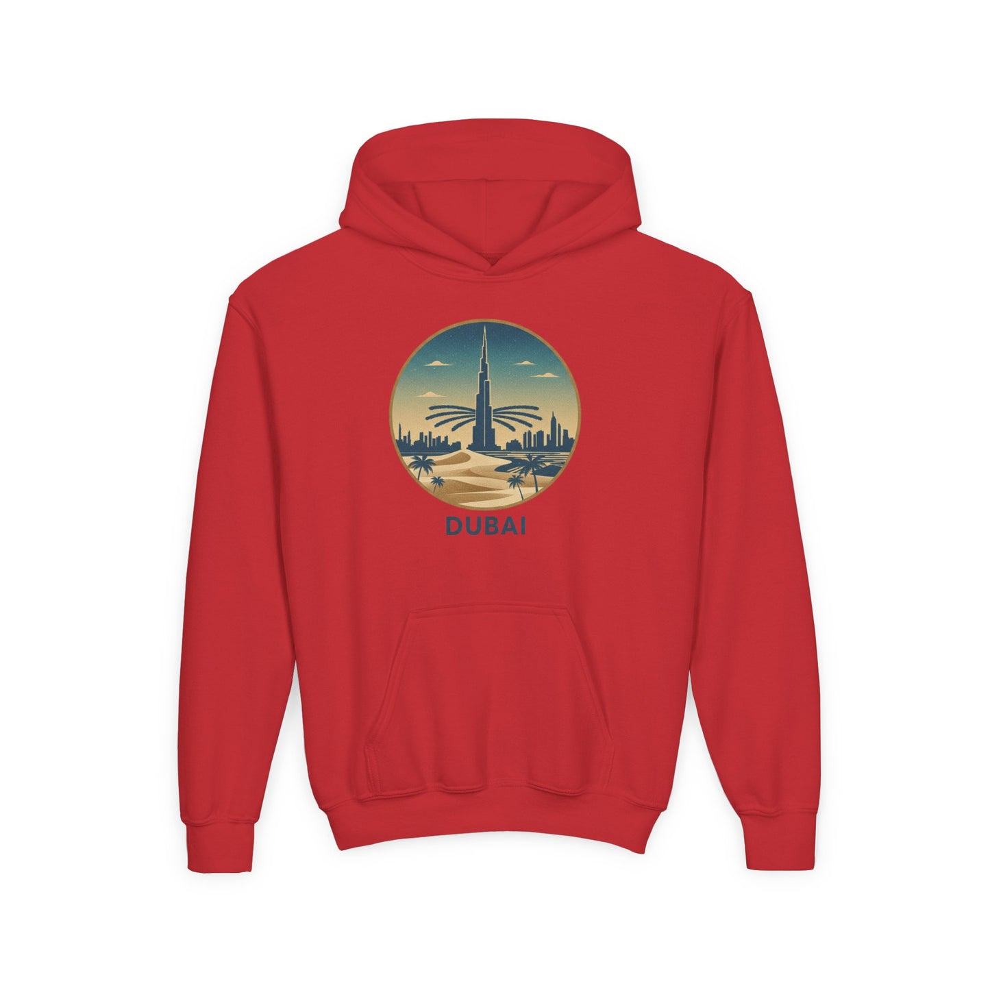 Dubai Skyline Youth Hoodie — Retro Desert Sunset Travel Sweatshirt