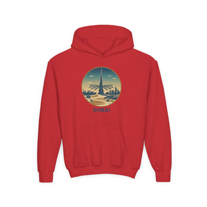 Dubai Skyline Youth Hoodie — Retro Desert Sunset Travel Sweatshirt