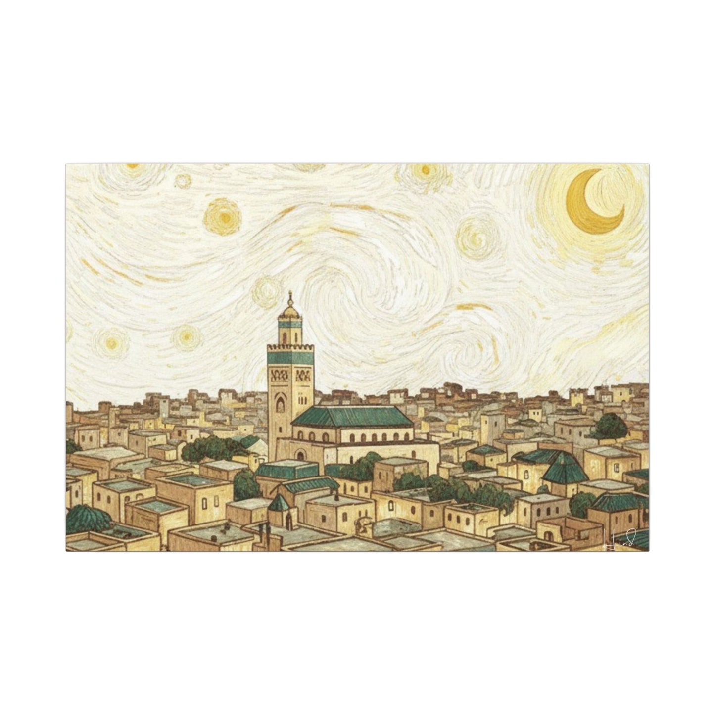 Moroccan Cityscape Canvas Print — Starry Night-Inspired Mosque Wall Art