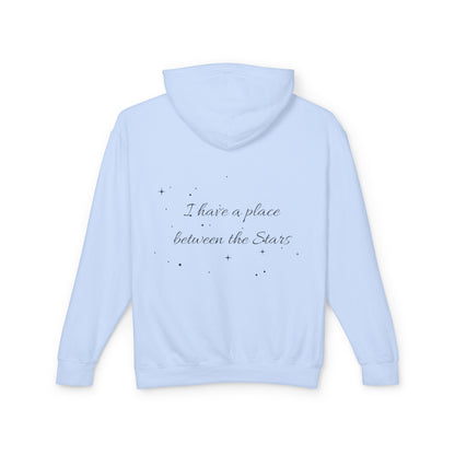 Starry Script Hoodie — "I Have a Place Between the Stars" Lightweight Pullover