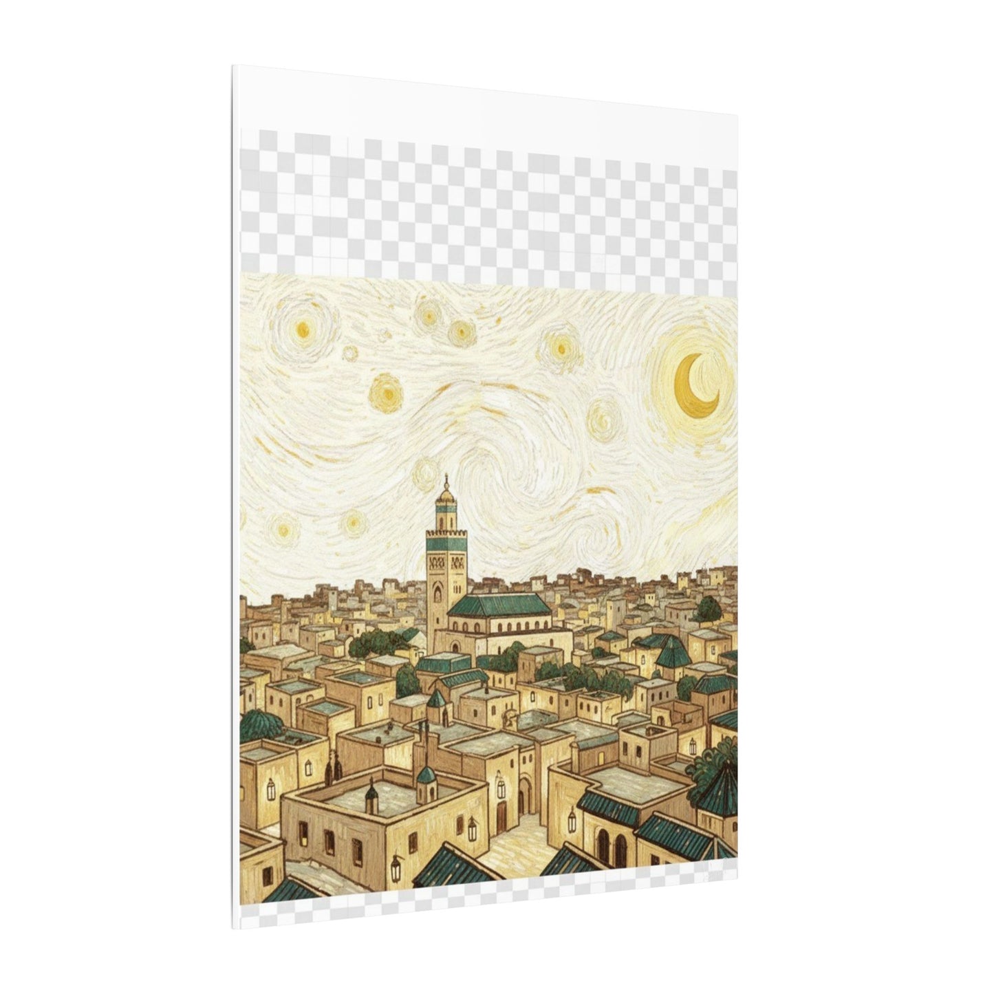 Moroccan Cityscape Canvas Print — Starry Night-Inspired Mosque Wall Art