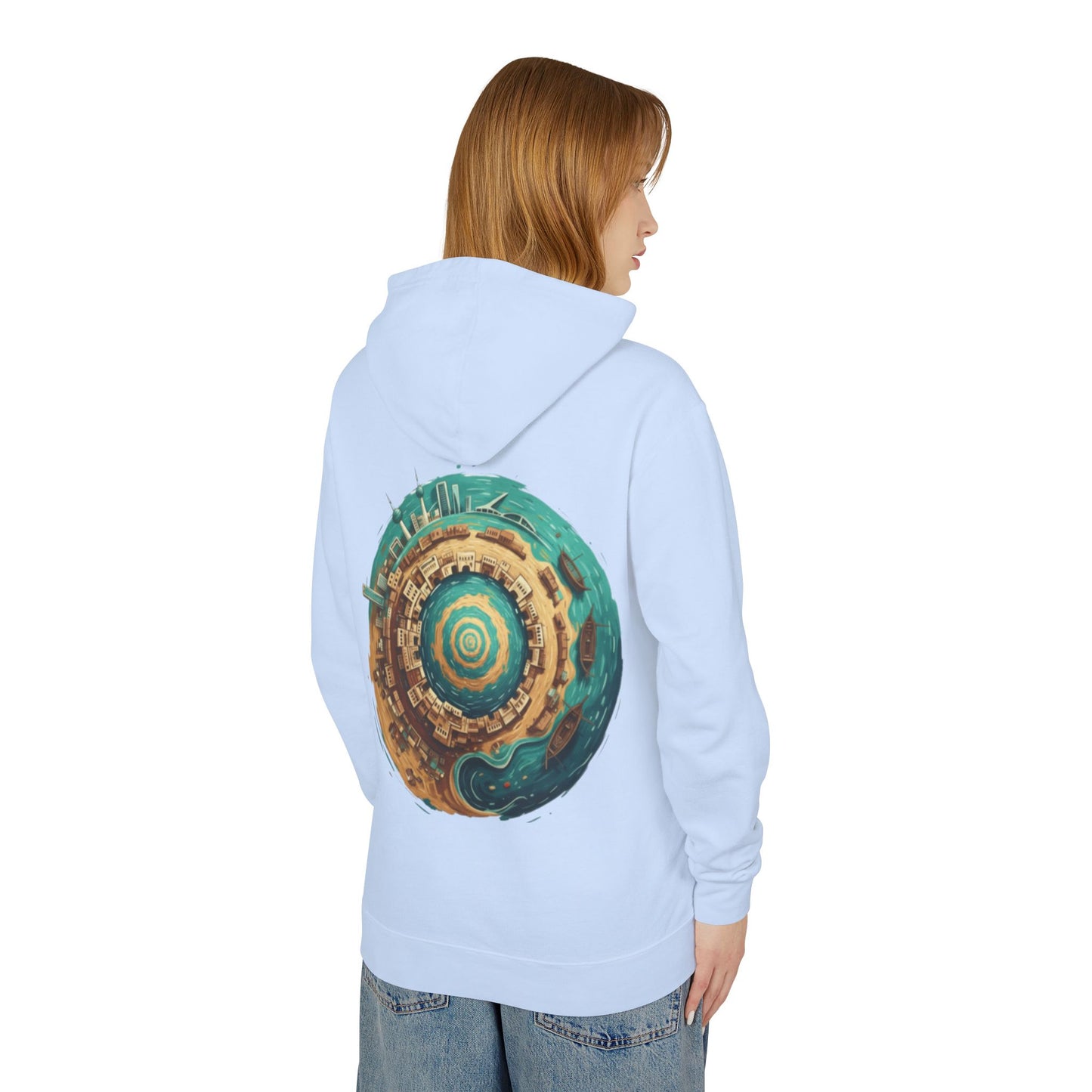 Planetary Beach Circle Hoodie — Coastal Mini-World Graphic Pullover