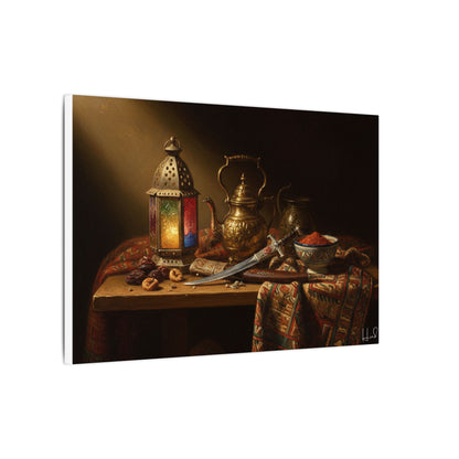 Oriental Still Life Canvas — Vintage Brass Teapot & Lantern Wall Art