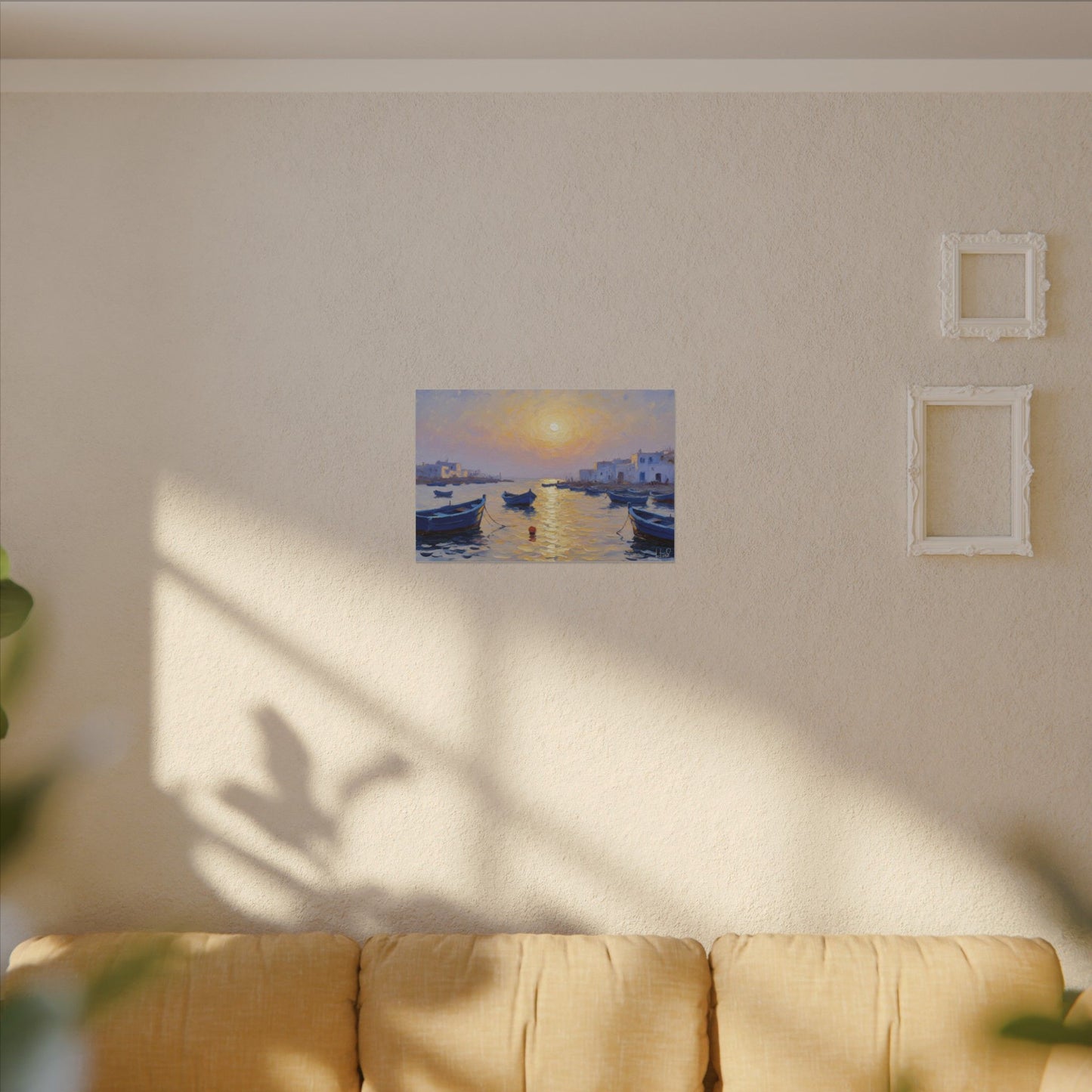 Seaside Sunset Canvas Print — Boats on Tranquil Harbor Wall Art