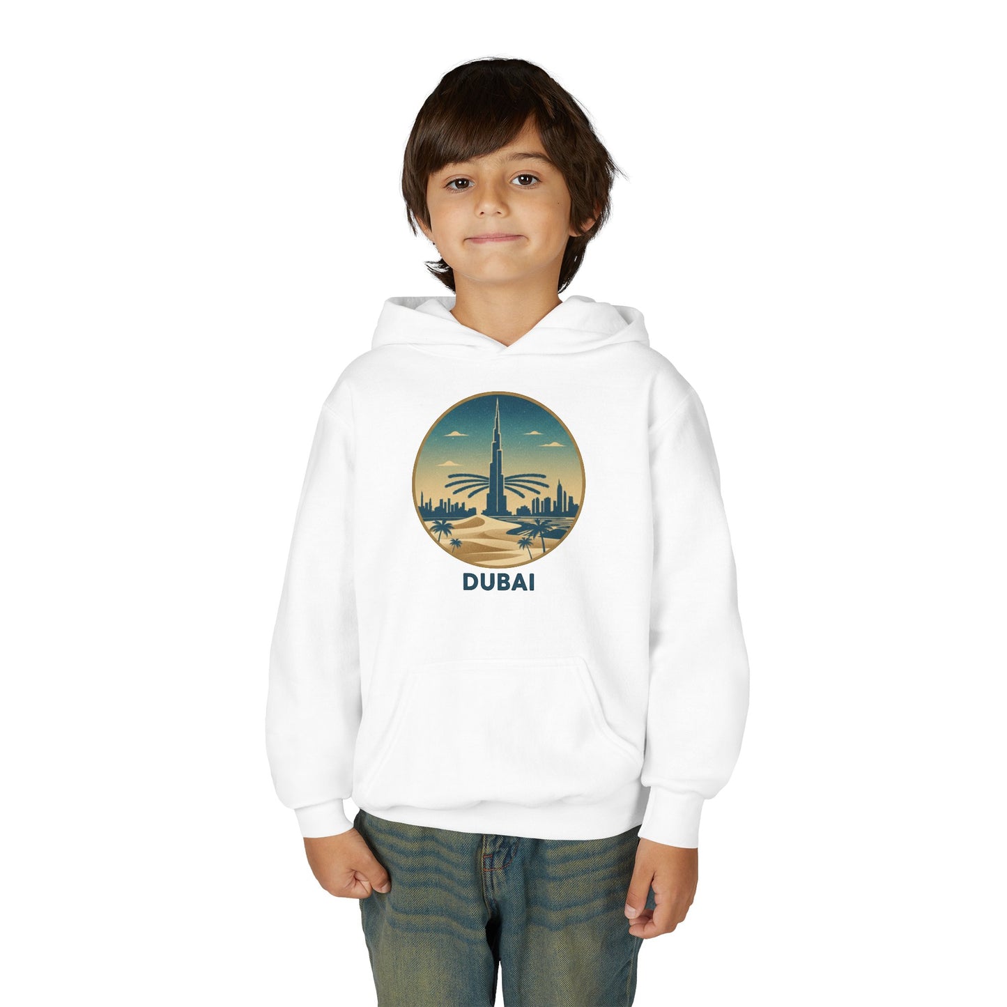 Dubai Skyline Youth Hoodie — Retro Desert Sunset Travel Sweatshirt