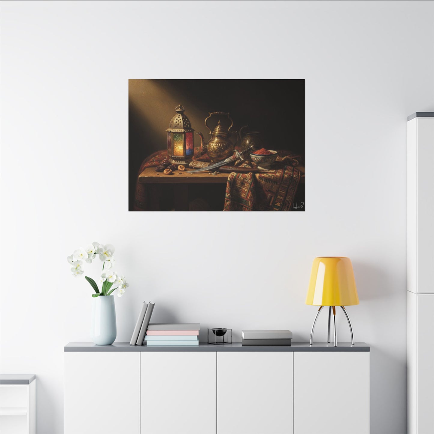 Oriental Still Life Canvas — Vintage Brass Teapot & Lantern Wall Art