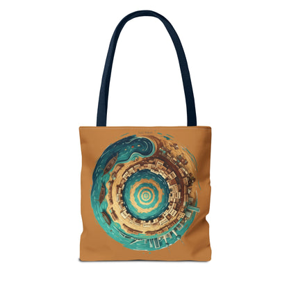 Round Cityscape Tote Bag — Abstract Turquoise & Gold Planet Design