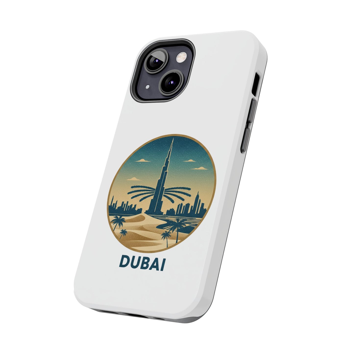 Coque de téléphone résistante motif skyline de Dubaï — Étui de voyage rétro palmiers du désert