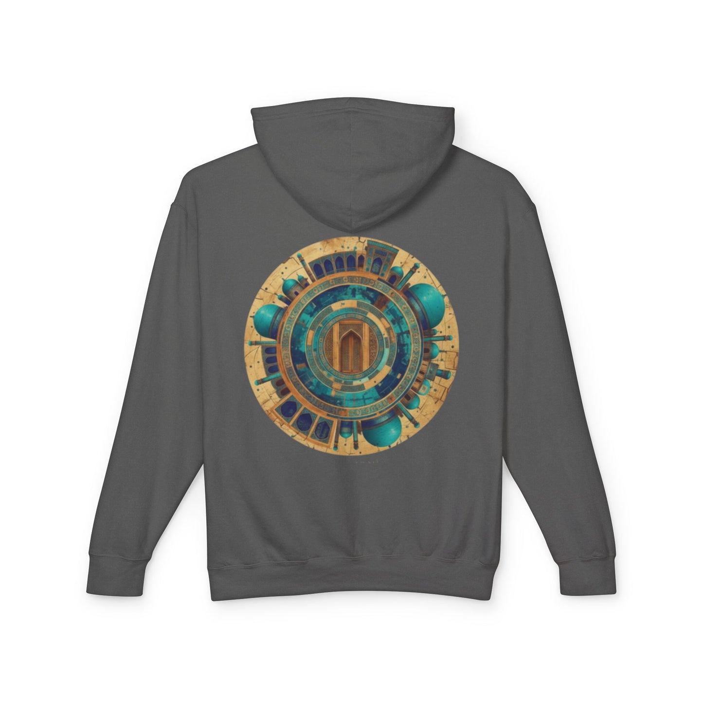 Hoodie — Vintage Teal & Gold Circular Architectural Graphic Hooded Sweatshirt