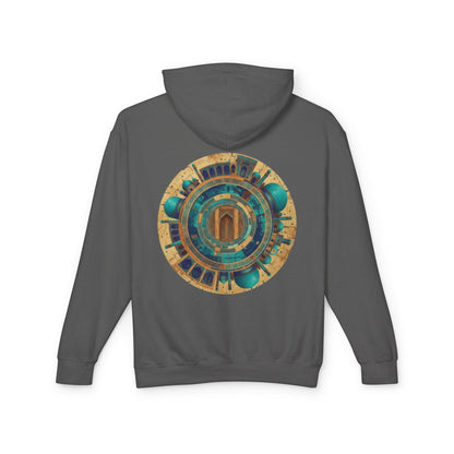 Hoodie — Vintage Teal & Gold Circular Architectural Graphic Hooded Sweatshirt