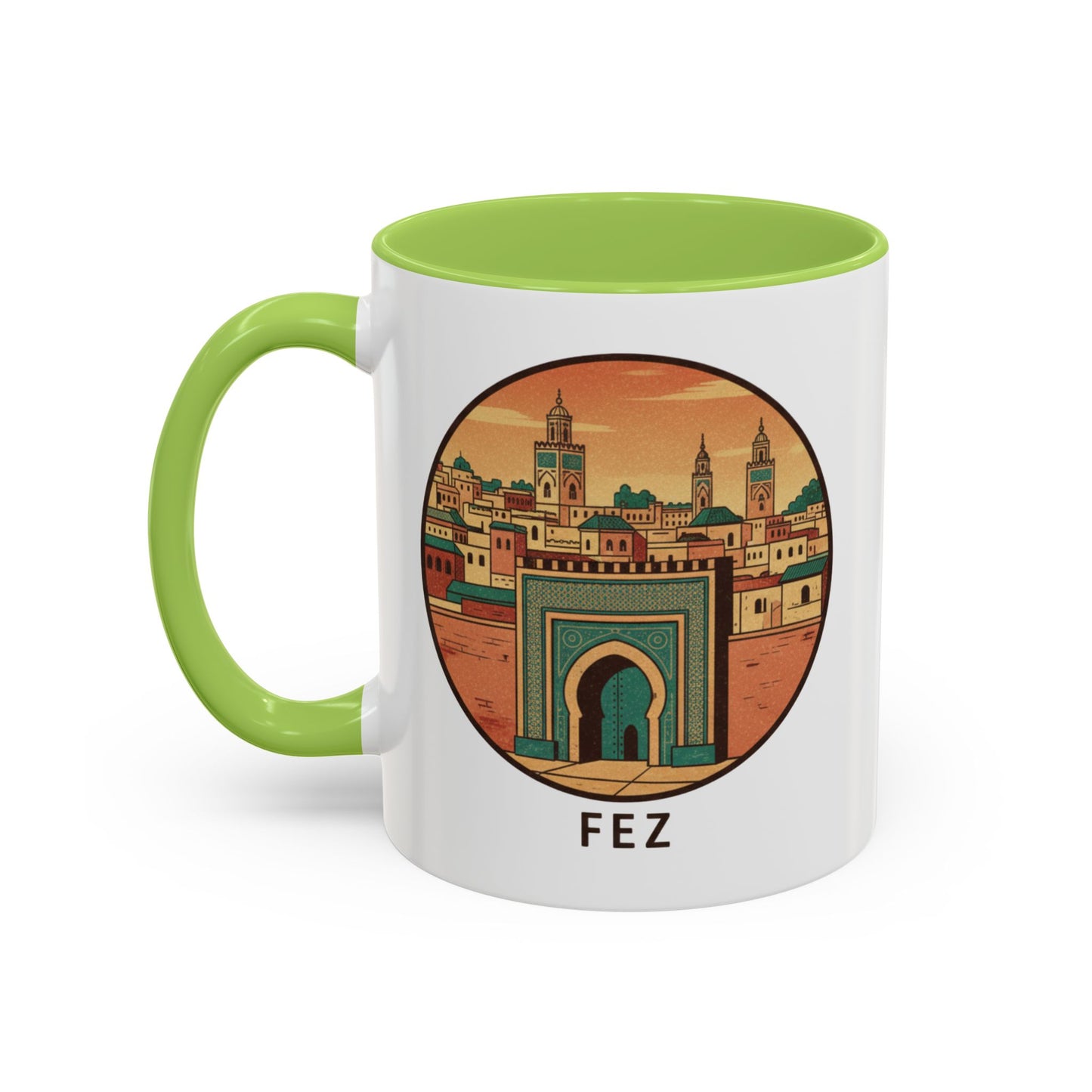 Mug à café Fez Landmark Accent — Souvenir de voyage représentant un paysage urbain marocain (11/15 oz)