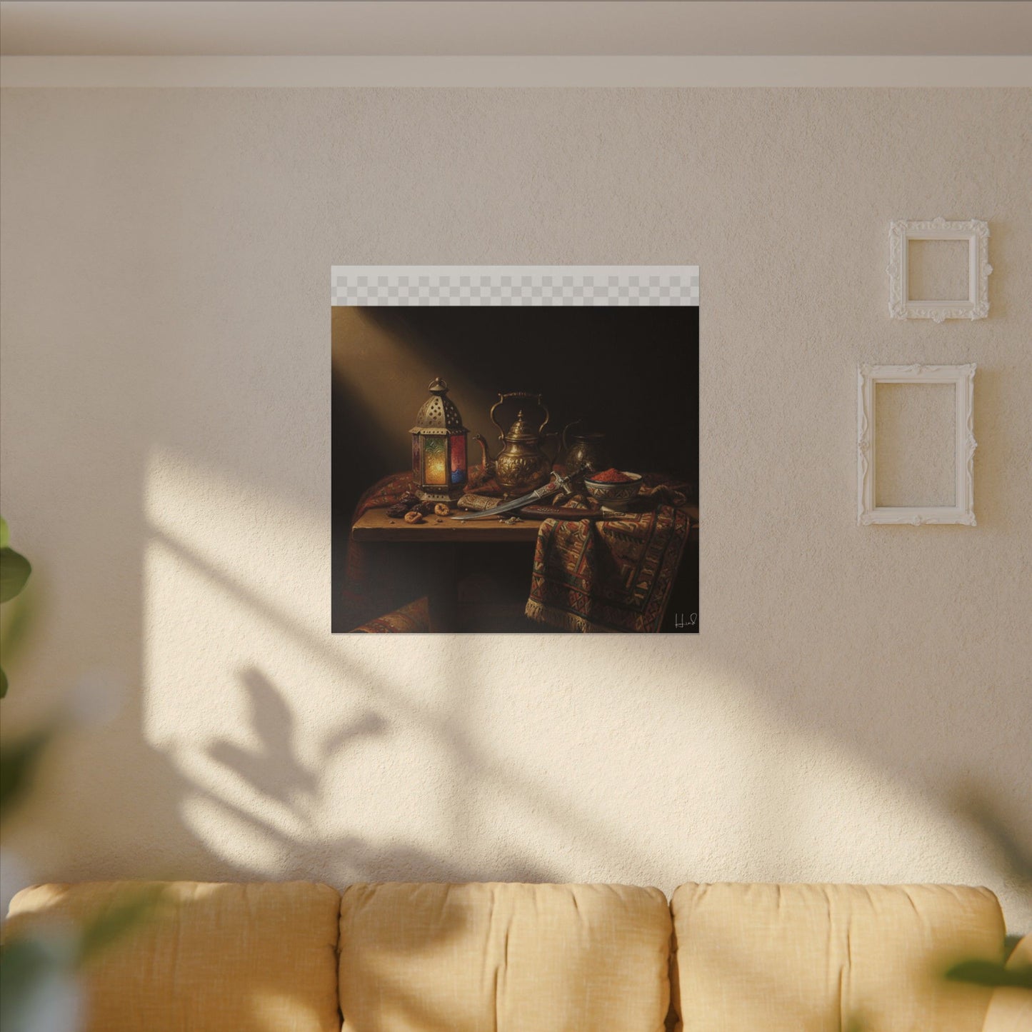 Oriental Still Life Canvas — Vintage Brass Teapot & Lantern Wall Art