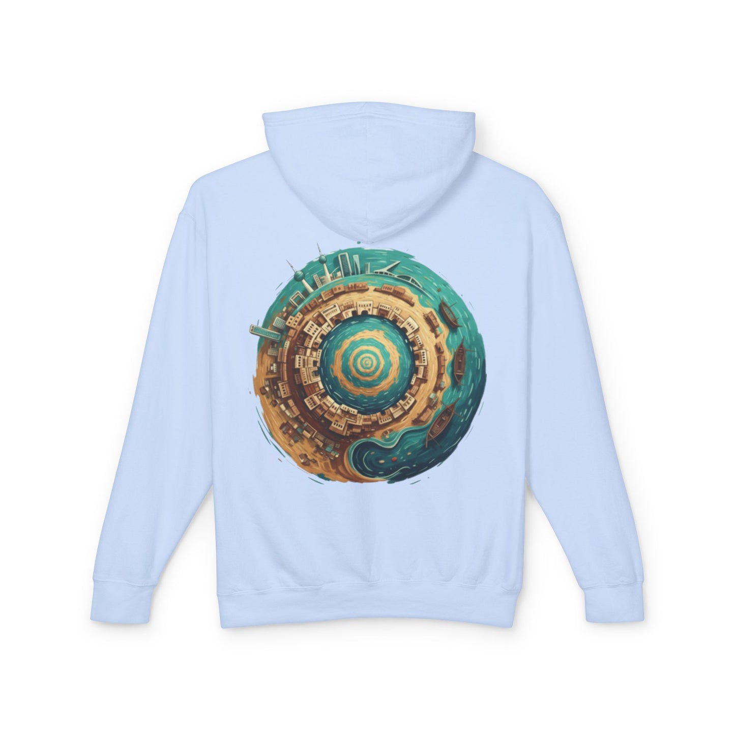 Planetary Beach Circle Hoodie — Coastal Mini-World Graphic Pullover