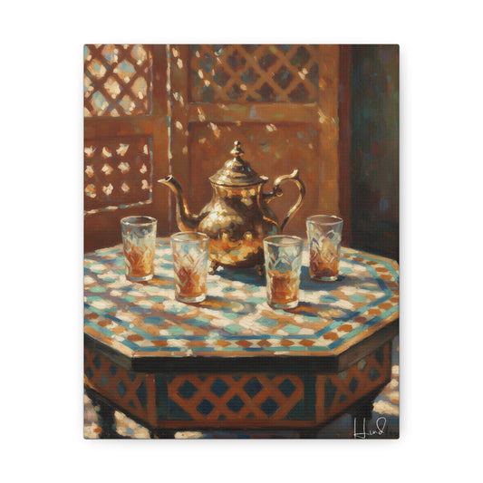 Tea Set Stretched Canvas — Moroccan Teapot & Glasses Wall Art