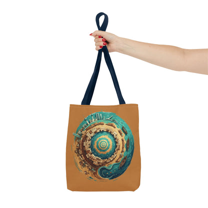 Round Cityscape Tote Bag — Abstract Turquoise & Gold Planet Design
