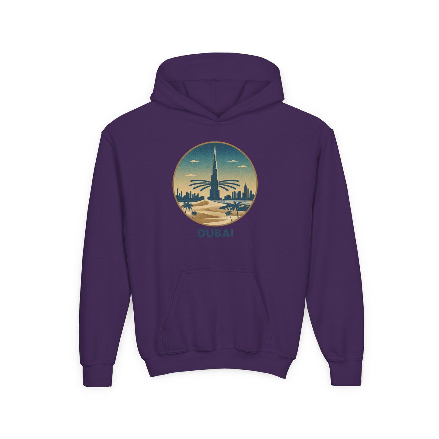 Dubai Skyline Youth Hoodie — Retro Desert Sunset Travel Sweatshirt