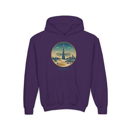 Dubai Skyline Youth Hoodie — Retro Desert Sunset Travel Sweatshirt