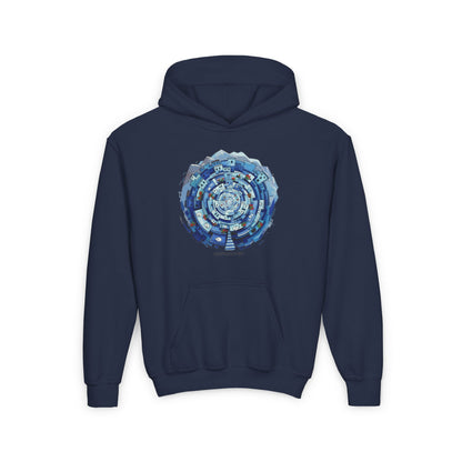 Youth Hoodie — Blue Geometric Mandala Graphic