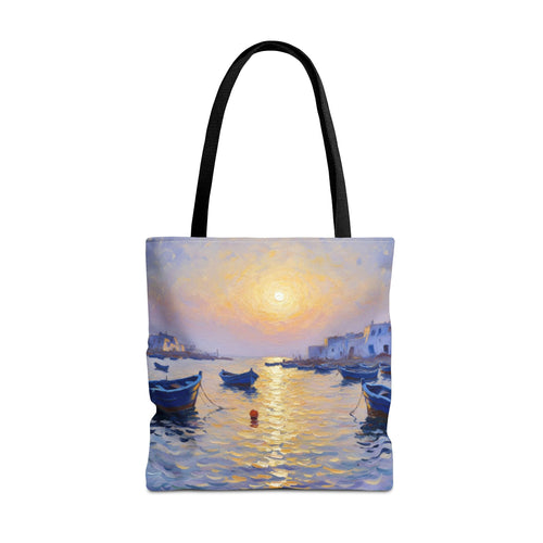 Sunset Harbor Tote Bag - Seaside Boats Art Print