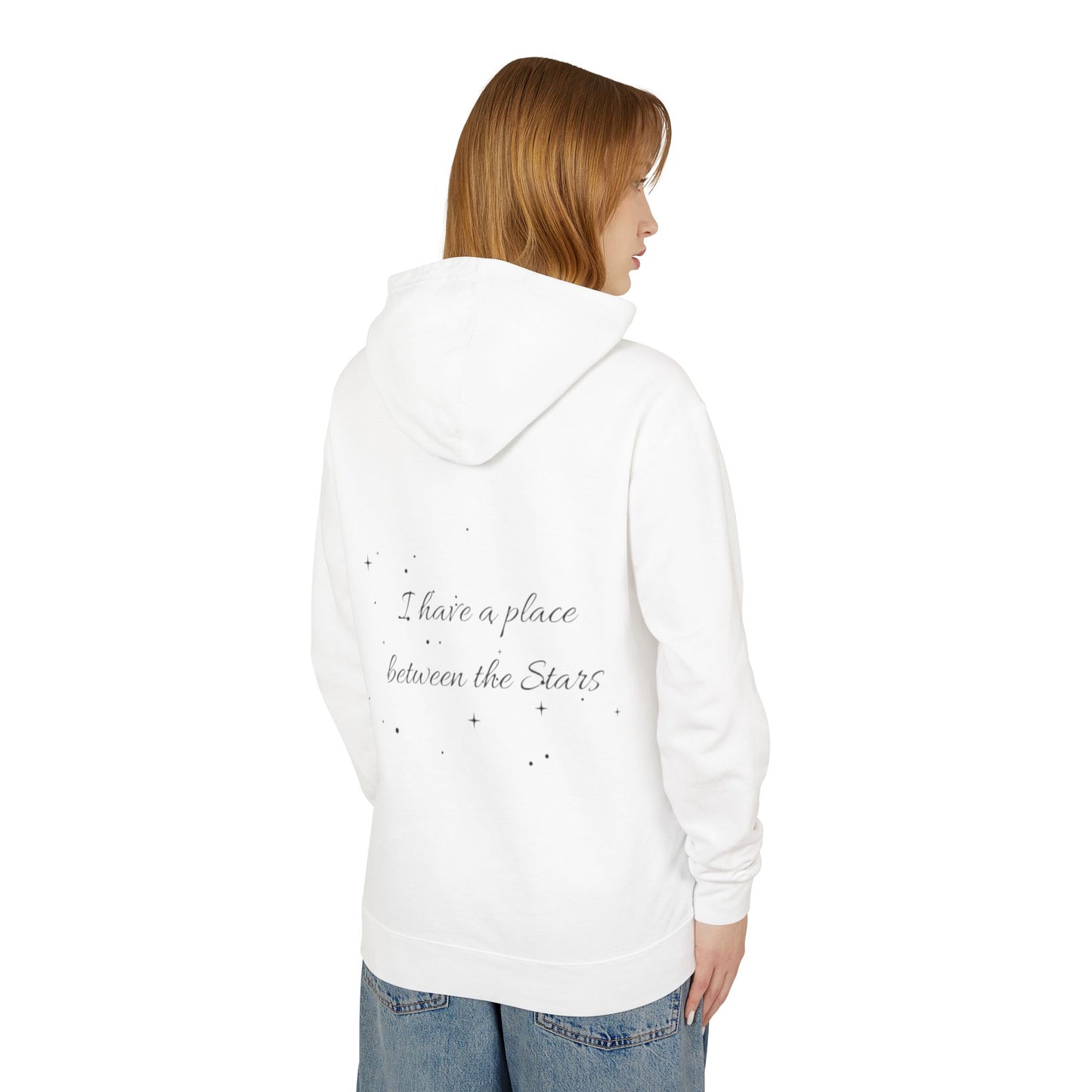 Starry Script Hoodie — "I Have a Place Between the Stars" Lightweight Pullover