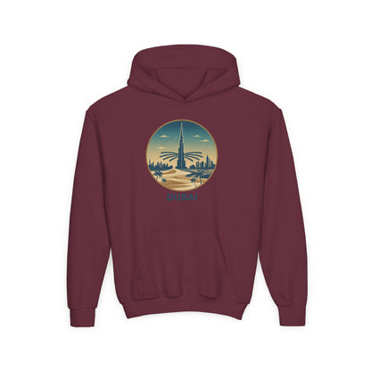 Dubai Skyline Youth Hoodie — Retro Desert Sunset Travel Sweatshirt