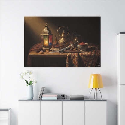 Oriental Still Life Canvas — Vintage Brass Teapot & Lantern Wall Art