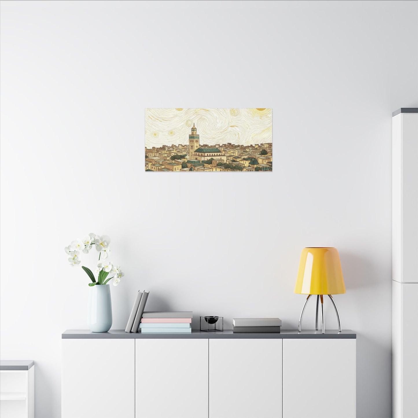 Moroccan Cityscape Canvas Print — Starry Night-Inspired Mosque Wall Art