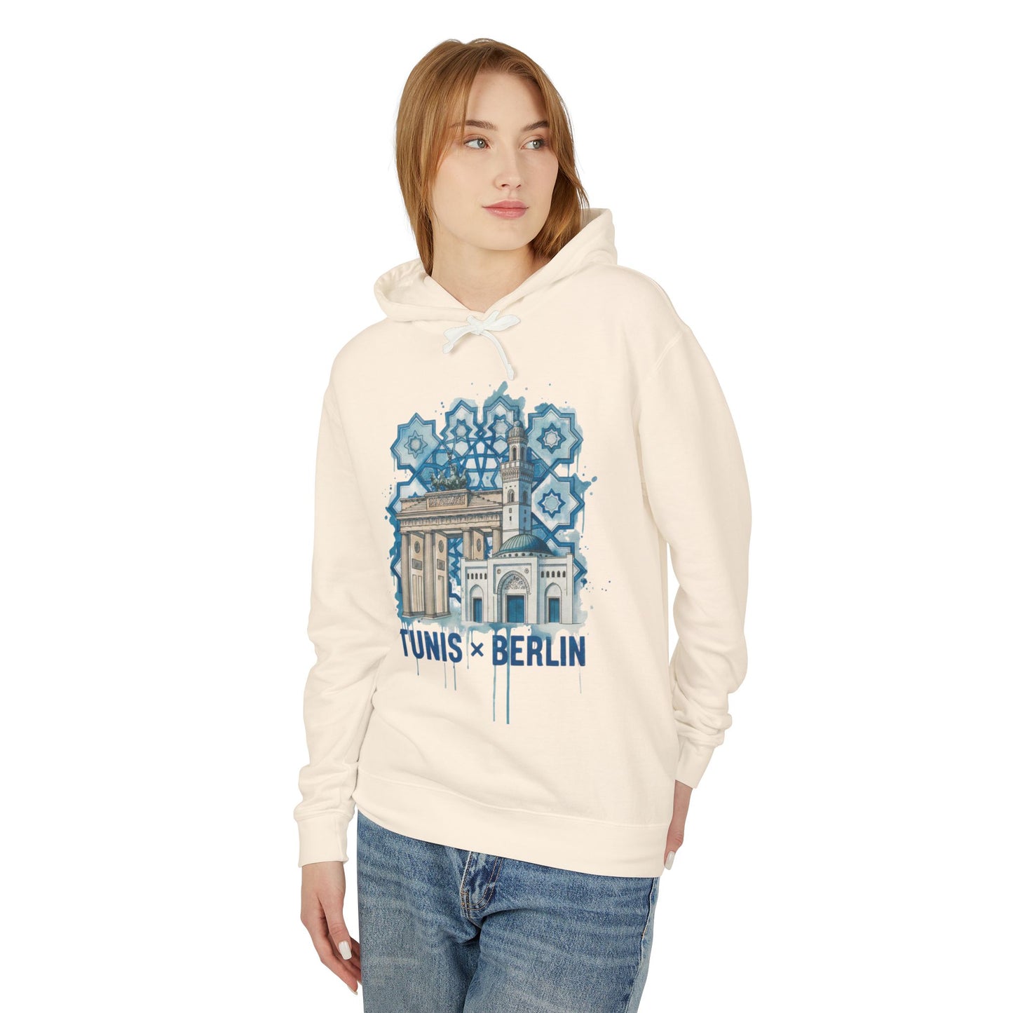 Tunis × Berlin Hoodie — Travel Mashup Graphic Hooded Sweatshirt