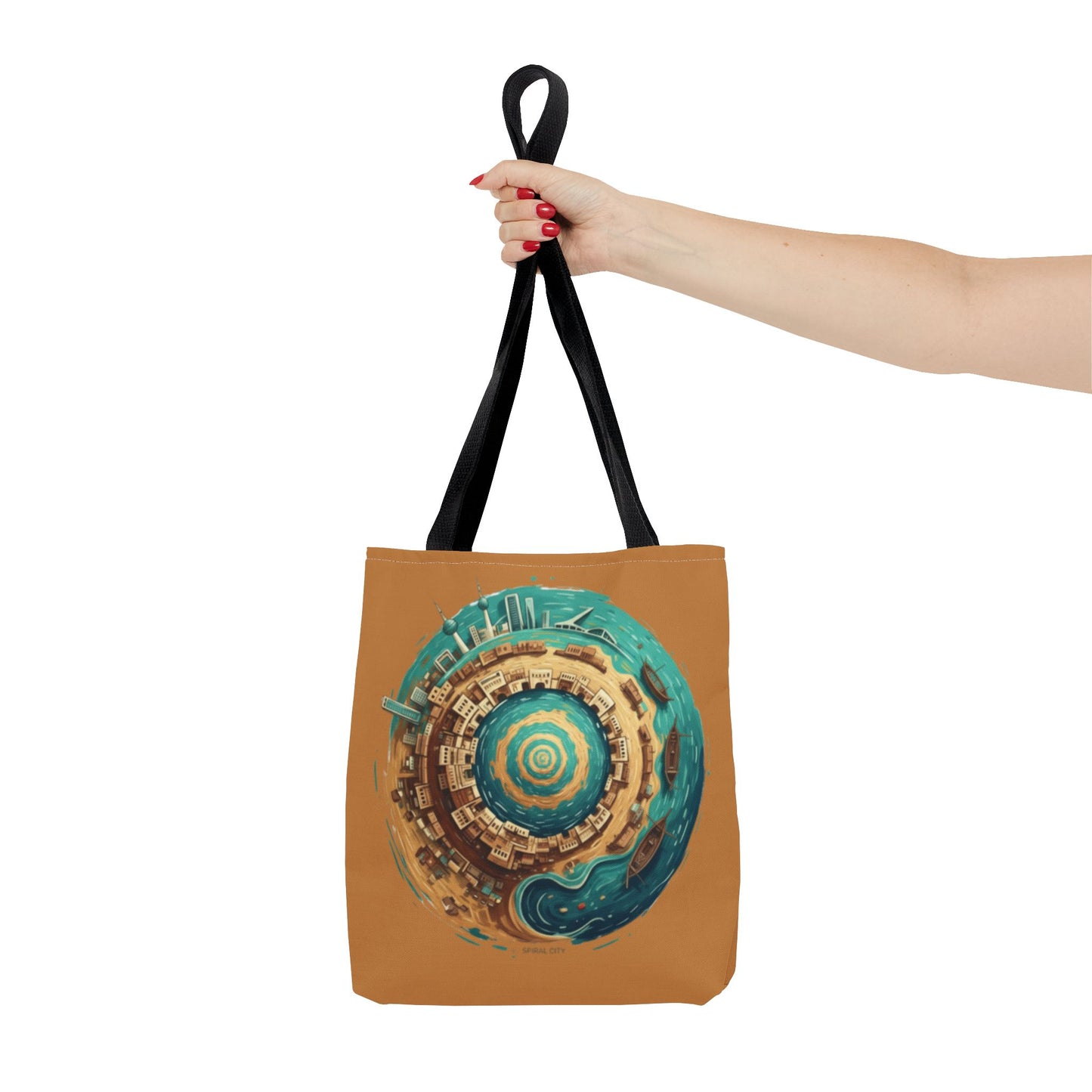 Round Cityscape Tote Bag — Abstract Turquoise & Gold Planet Design