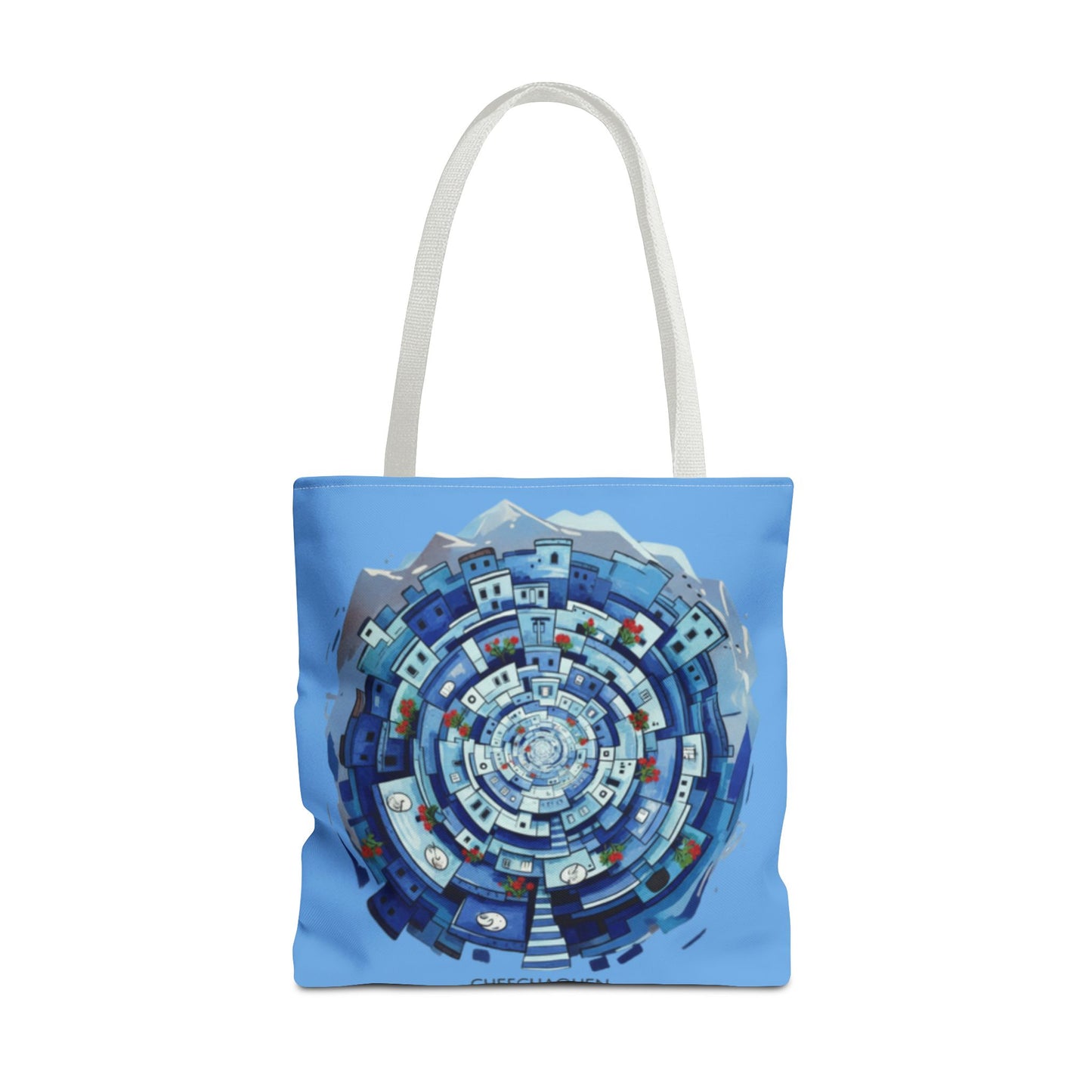 Blue Circular Cityscape Tote Bag — Abstract Urban Spiral All-Over Print Tote