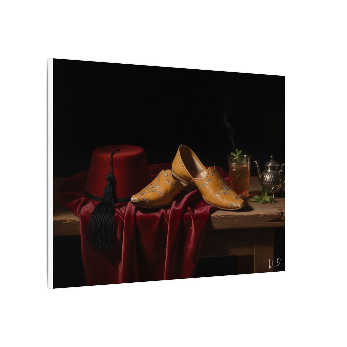 Nature morte sur toile — Chaussures en cuir et fez, décoration murale