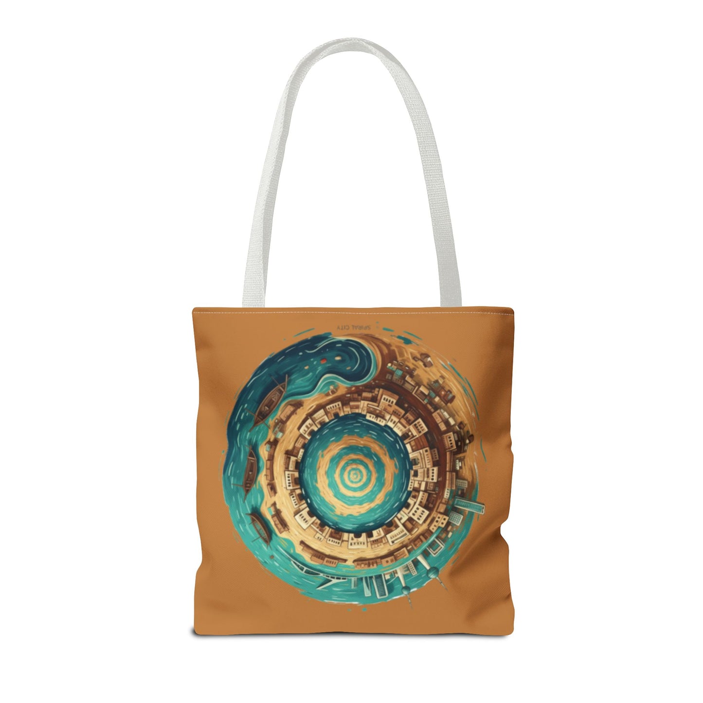 Round Cityscape Tote Bag — Abstract Turquoise & Gold Planet Design