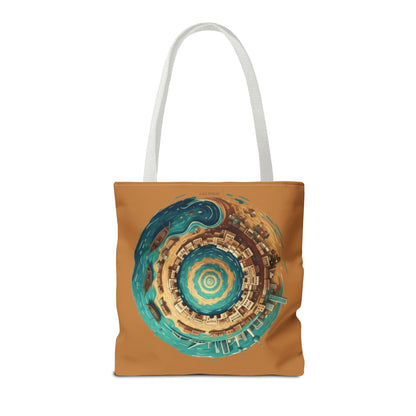 Round Cityscape Tote Bag — Abstract Turquoise & Gold Planet Design