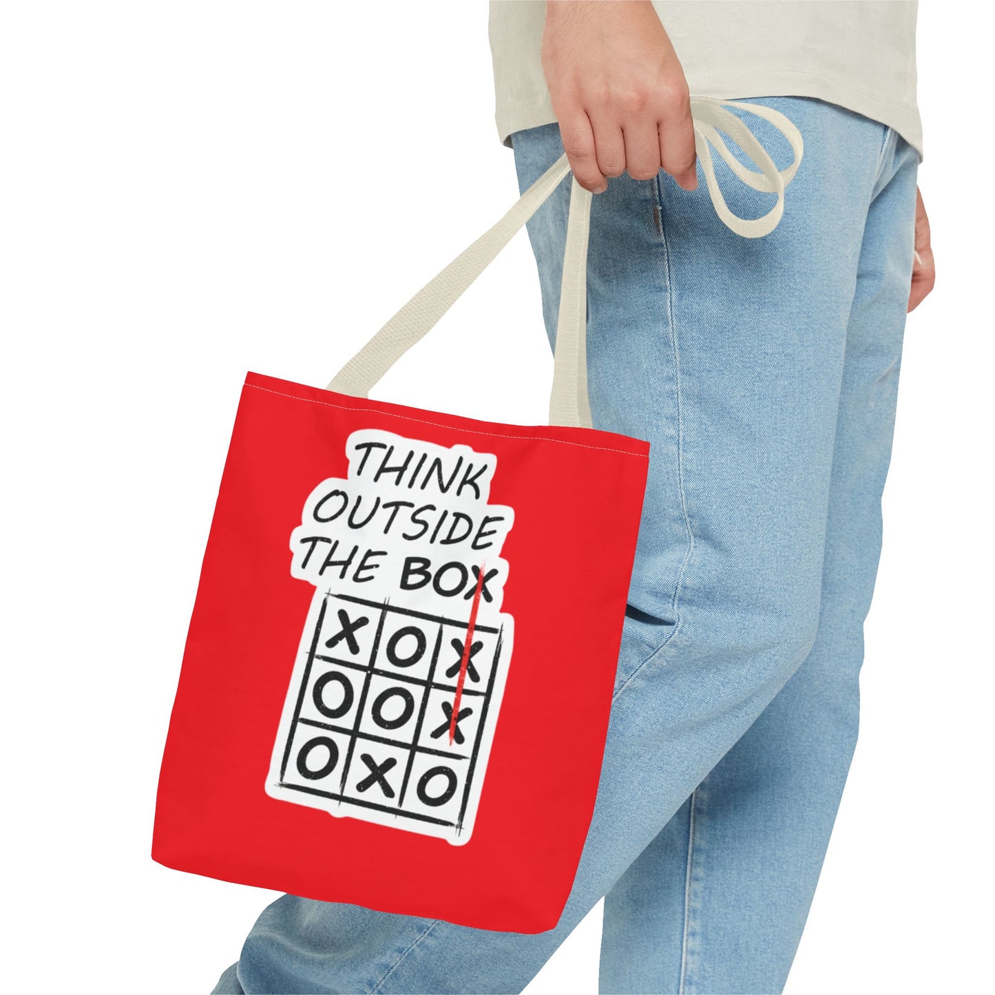 Think Outside the Box Tote Bag — Red Tic-Tac-Toe Motivational Canvas Tote